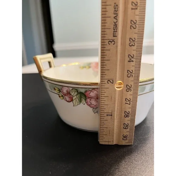 Vtg Nippon Double Handled Hand Painted Roses Floral Candy Trinket Dish Bowl - Picture 8 of 10